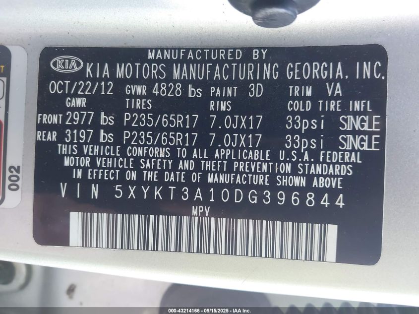 2013 Kia Sorento Lx VIN: 5XYKT3A10DG396844 Lot: 43214166