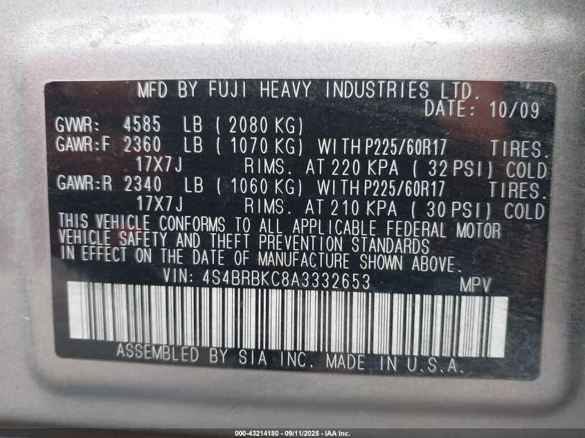 2010 Subaru Outback 2.5I Limited VIN: 4S4BRBKC8A3332653 Lot: 43214180