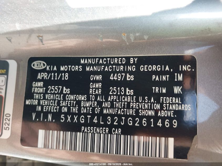2018 Kia Optima Lx VIN: 5XXGT4L32JG261469 Lot: 43214186