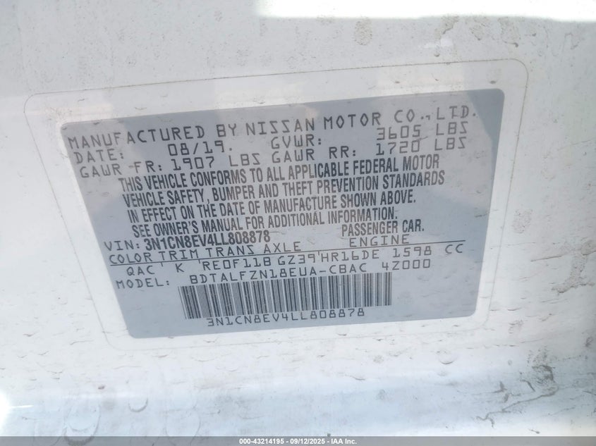 2020 NISSAN VERSA SV XTRONIC CVT - 3N1CN8EV4LL808878