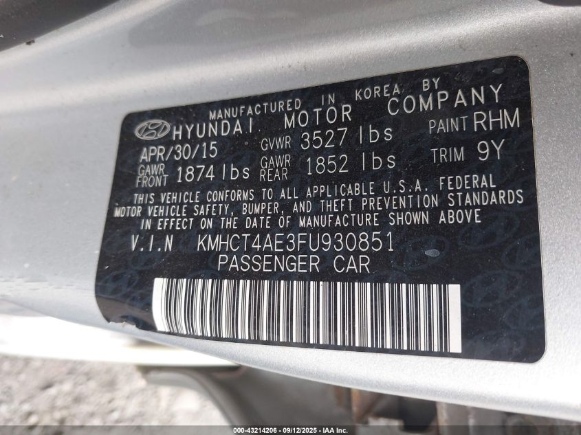 2015 Hyundai Accent Gls VIN: KMHCT4AE3FU930851 Lot: 43214206