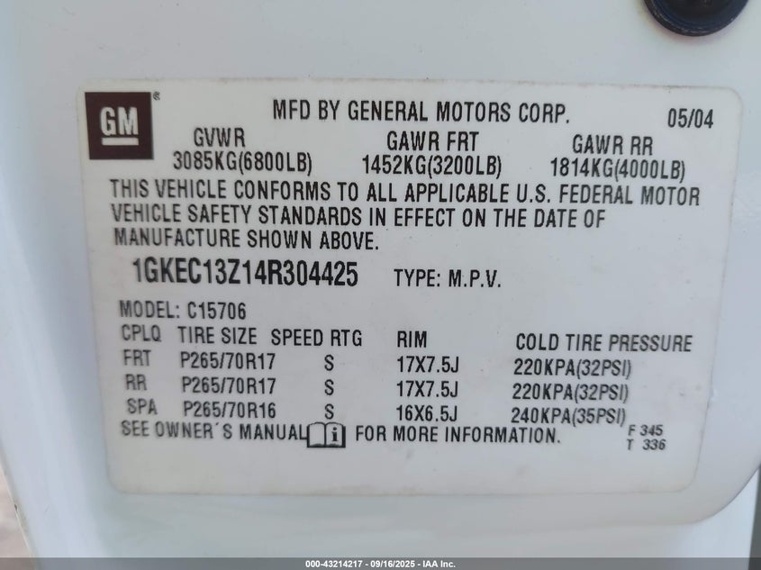 2004 GMC Yukon Slt VIN: 1GKEC13Z14R304425 Lot: 43214217