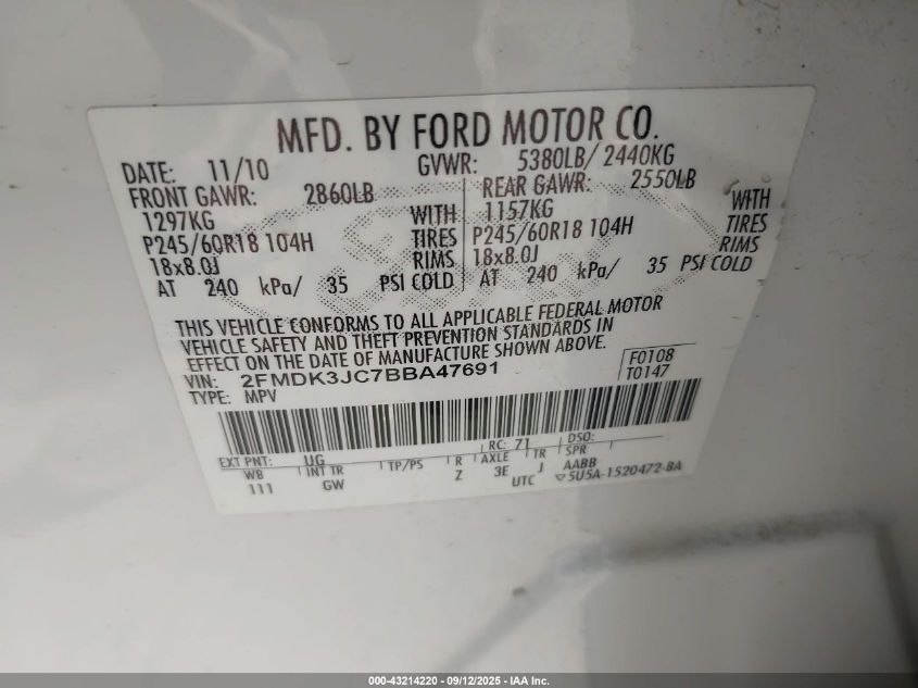 2011 Ford Edge Sel VIN: 2FMDK3JC7BBA47691 Lot: 43214220