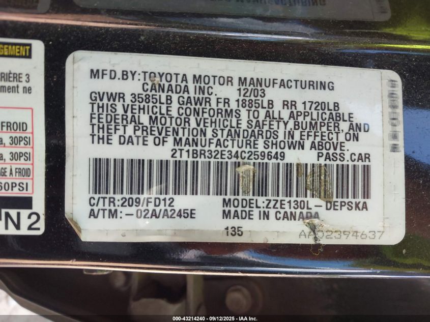 2004 Toyota Corolla S VIN: 2T1BR32E34C259649 Lot: 43214240