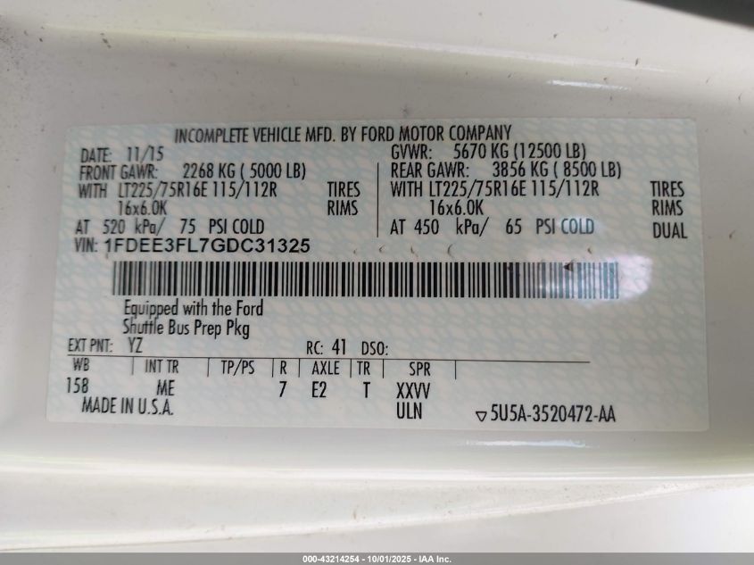 2016 Ford E-350 Cutaway VIN: 1FDEE3FL7GDC31325 Lot: 43214254
