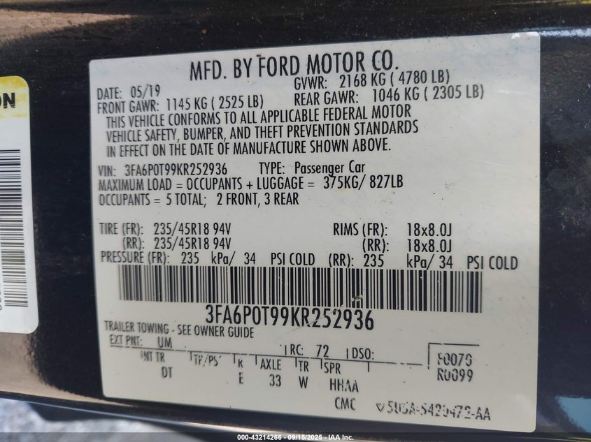 2019 FORD FUSION SE - 3FA6P0T99KR252936