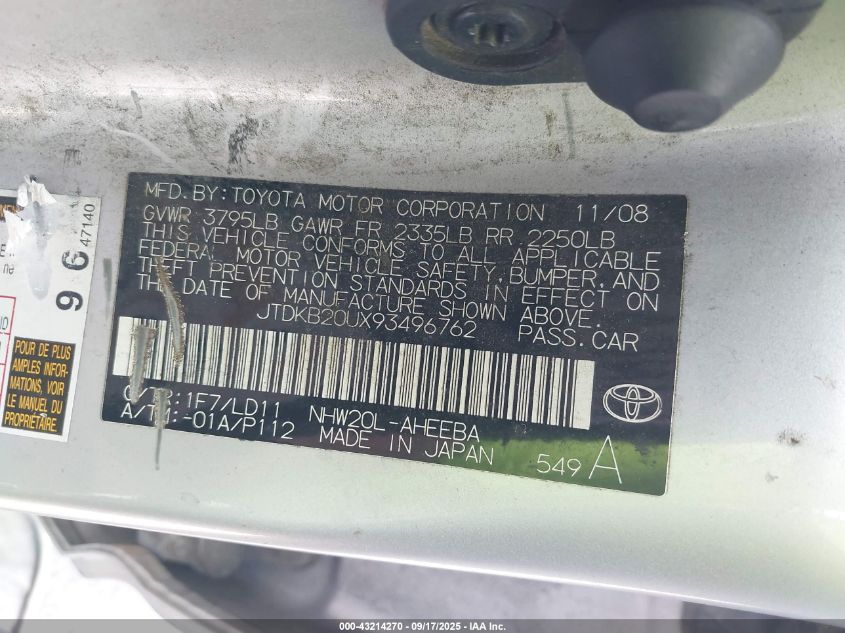 2009 Toyota Prius Touring VIN: JTDKB20UX93496762 Lot: 43214270