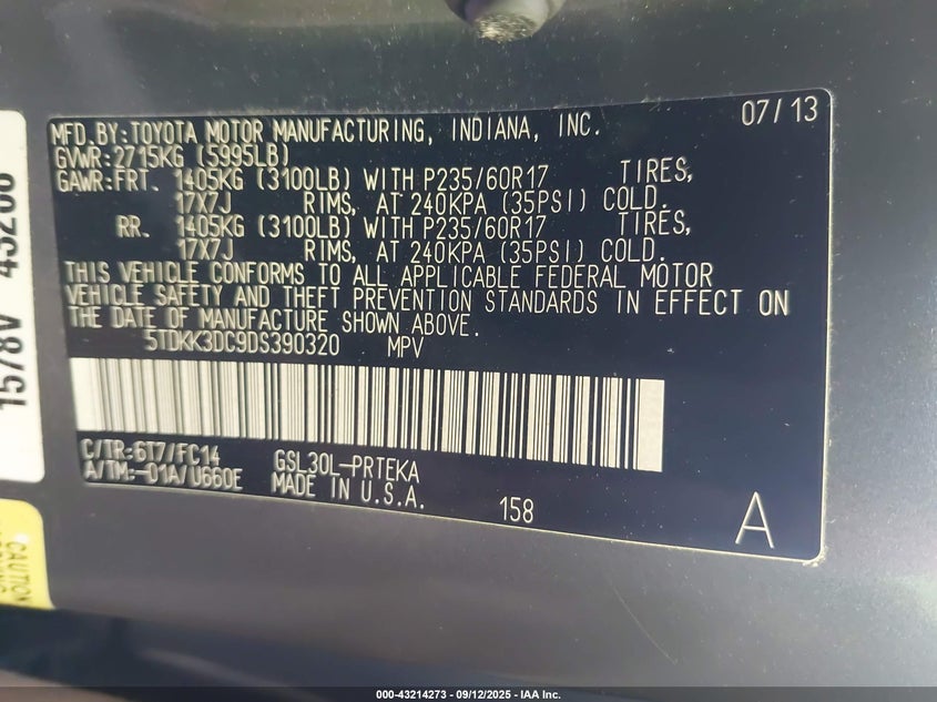 2013 Toyota Sienna Le V6 8 Passenger VIN: 5TDKK3DC9DS390320 Lot: 43214273