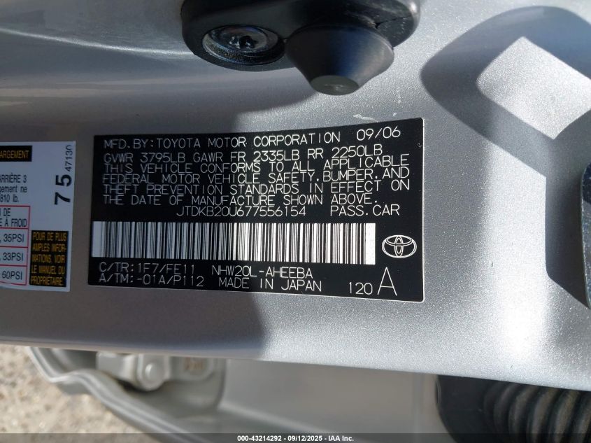 2007 Toyota Prius VIN: JTDKB20U677556154 Lot: 43214292