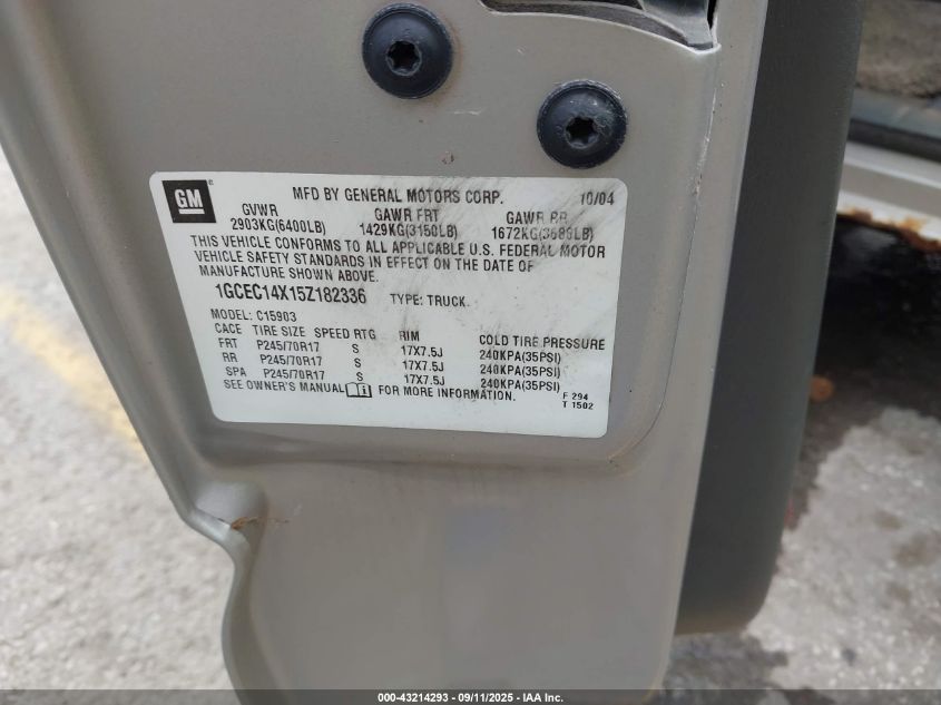 2005 Chevrolet Silverado 1500 Work Truck VIN: 1GCEC14X15Z182336 Lot: 43214293