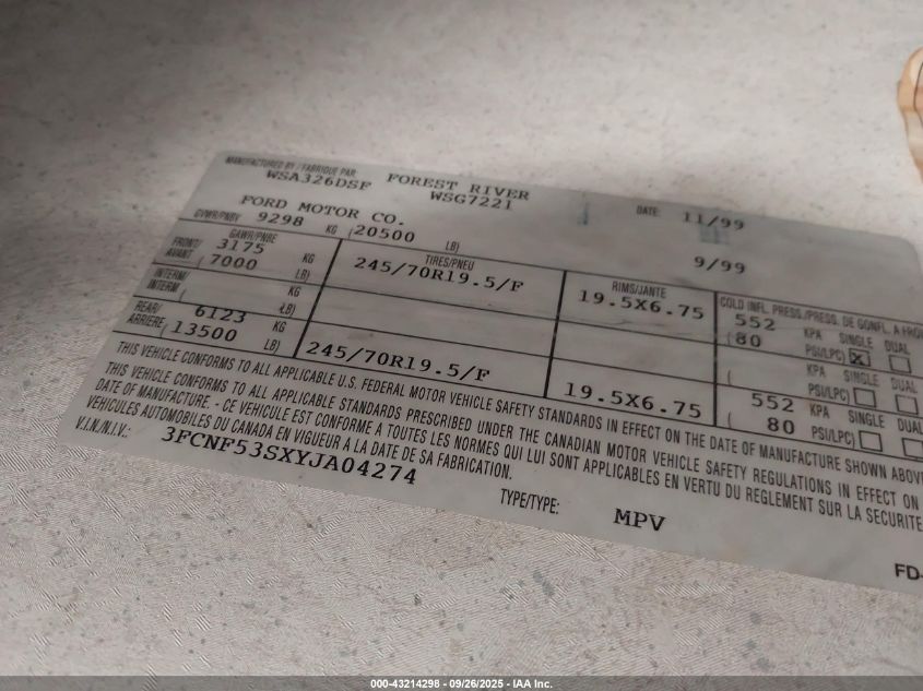 2000 Ford F550 Super Duty Stripped Chass VIN: 3FCNF53SXYJA04274 Lot: 43214298