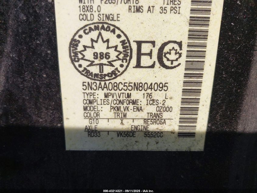 2005 Infiniti Qx56 VIN: 5N3AA08C55N804095 Lot: 43214321