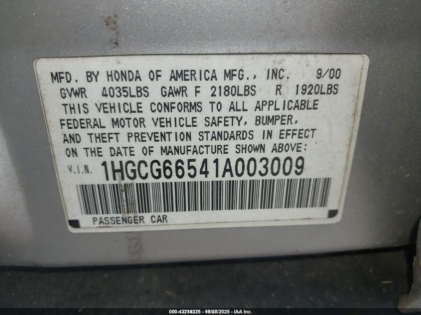 2001 Honda Accord 2.3 Lx VIN: 1HGCG66541A003009 Lot: 43214325