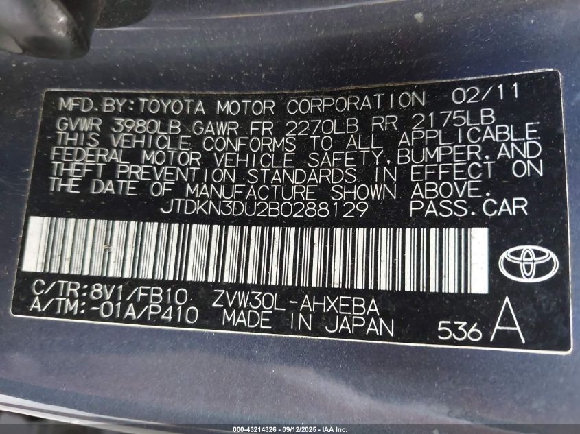 2011 Toyota Prius Two VIN: JTDKN3DU2B0288129 Lot: 43214326