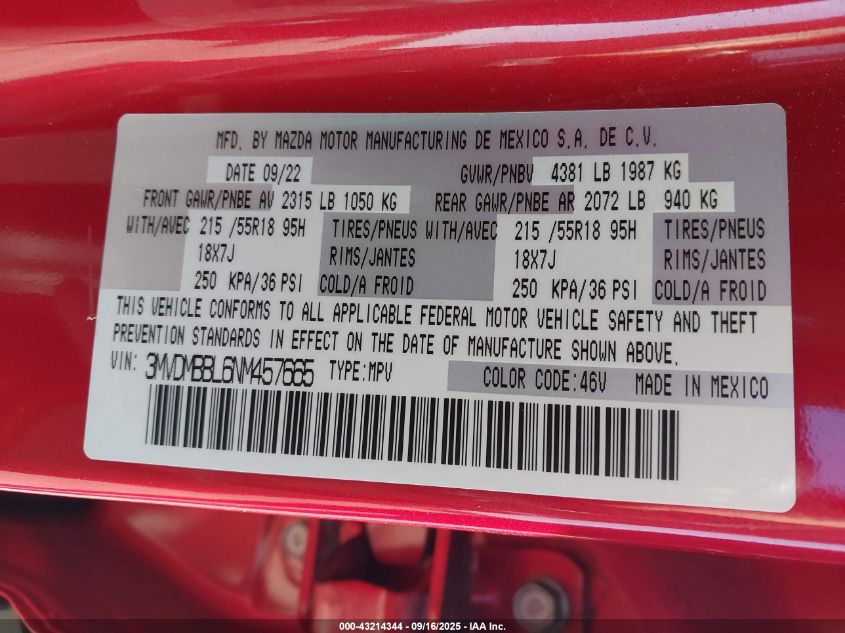 2022 Mazda Cx-30 Select VIN: 3MVDMBBL6NM457665 Lot: 43214344