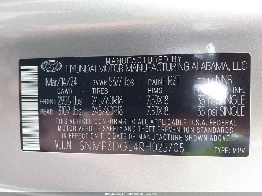 2024 Hyundai Santa Fe Xrt VIN: 5NMP3DGL4RH025705 Lot: 43214347