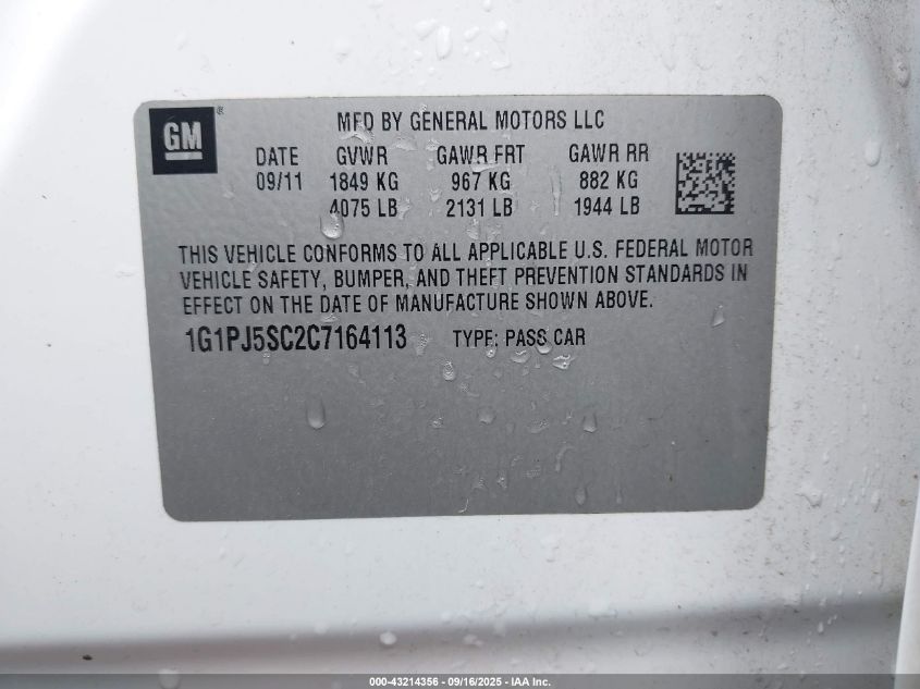 2012 Chevrolet Cruze Eco VIN: 1G1PJ5SC2C7164113 Lot: 43214356