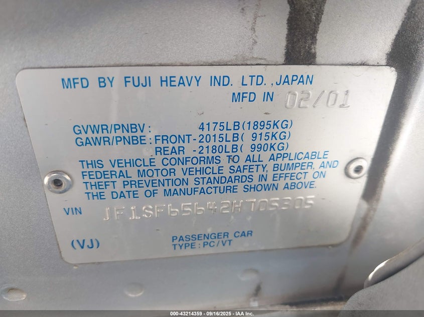 2002 Subaru Forester S VIN: JF1SF65642H705305 Lot: 43214359