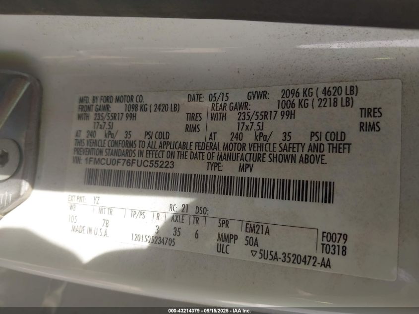 2015 Ford Escape S VIN: 1FMCU0F76FUC55223 Lot: 43214379