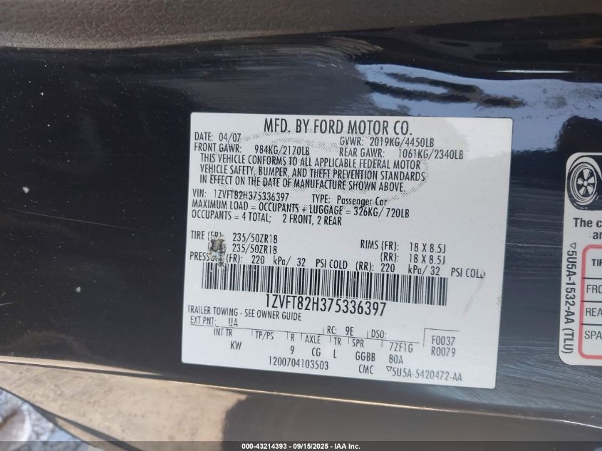 2007 Ford Mustang Gt Deluxe/Gt Premium VIN: 1ZVFT82H375336397 Lot: 43214393