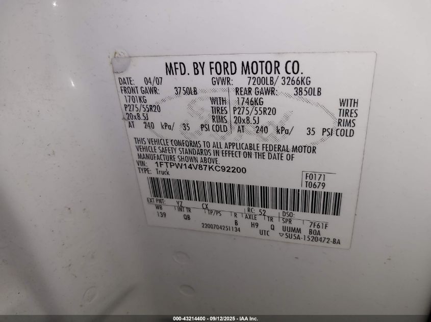 2007 Ford F-150 Fx4/Lariat/Xlt VIN: 1FTPW14V87KC92200 Lot: 43214400
