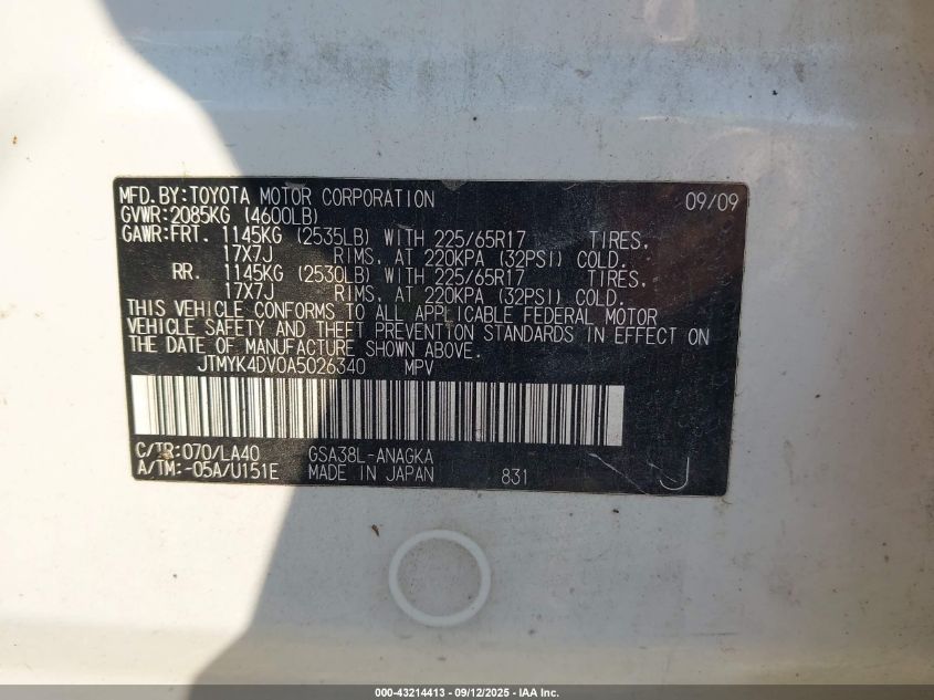 2010 Toyota Rav4 Limited V6 VIN: JTMYK4DV0A5026340 Lot: 43214413