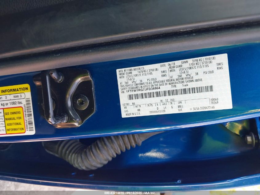 2018 Ford F-150 Raptor VIN: 1FTFW1RG7JFD38864 Lot: 43214416