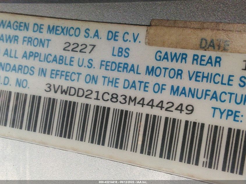2003 Volkswagen New Beetle Glx VIN: 3VWDD21C83M444249 Lot: 43214418