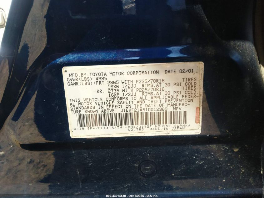 2001 Toyota Highlander V6 VIN: JTEHF21A510012369 Lot: 43214430