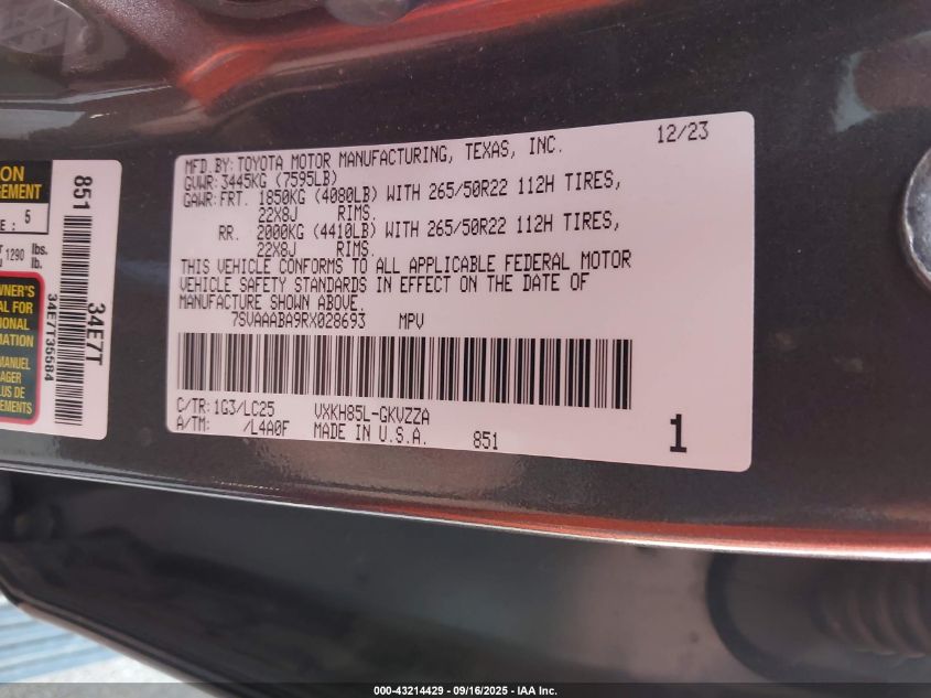 2024 TOYOTA SEQUOIA SR5/LTD/PLATINUM/CAPSTONE/TRD PRO - 7SVAAABA9RX028693