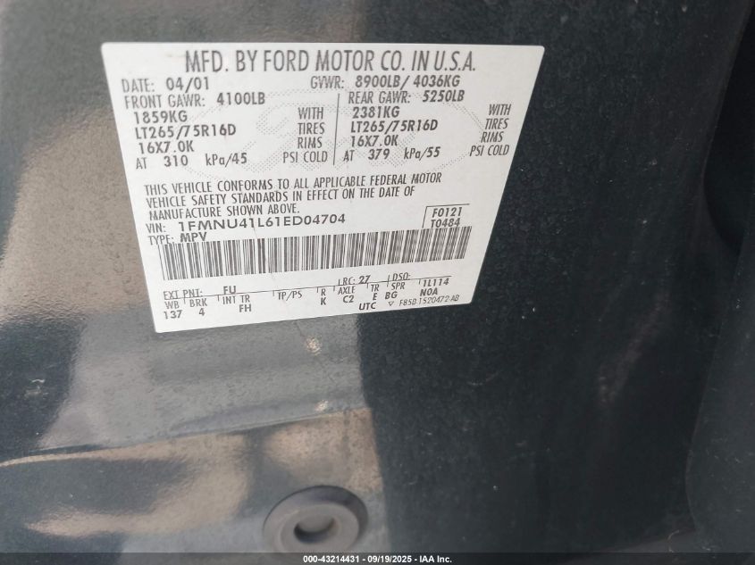 2001 Ford Excursion Xlt VIN: 1FMNU41L61ED04704 Lot: 43214431