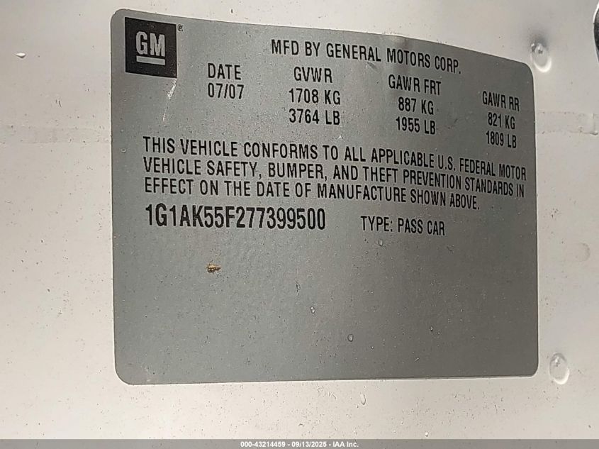 2007 Chevrolet Cobalt Ls VIN: 1G1AK55F277399500 Lot: 43214459