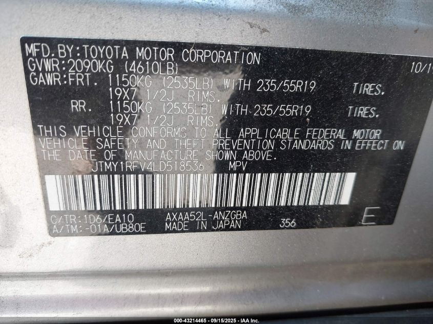 2020 Toyota Rav4 Limited VIN: JTMY1RFV4LD518536 Lot: 43214465