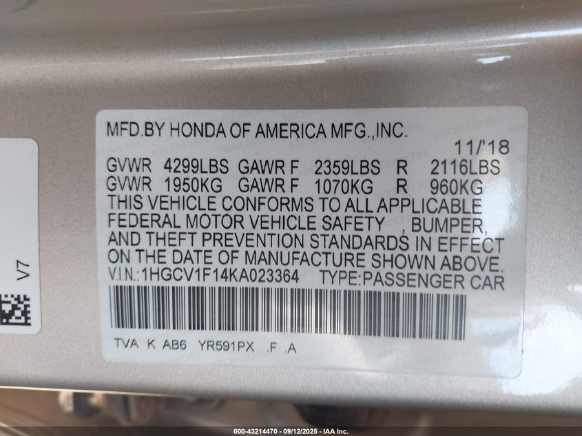 2019 HONDA ACCORD LX 1HGCV1F14KA023364