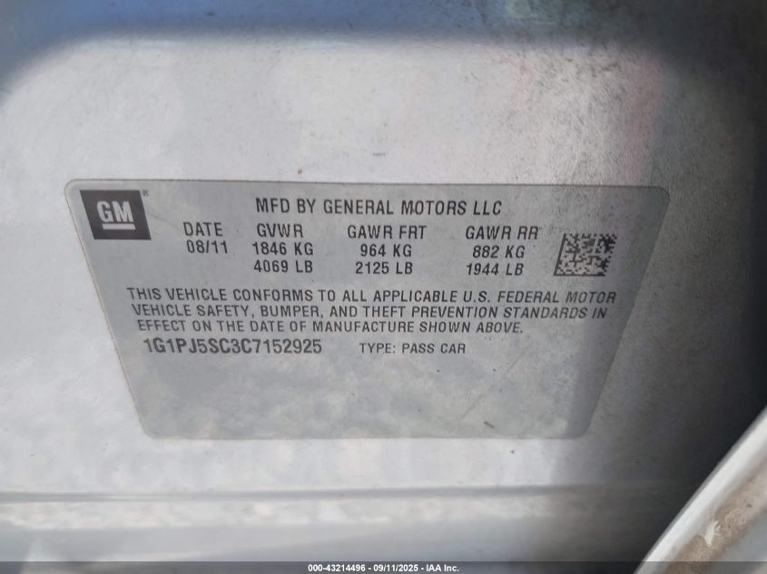 2012 Chevrolet Cruze Eco VIN: 1G1PJ5SC3C7152925 Lot: 43214496