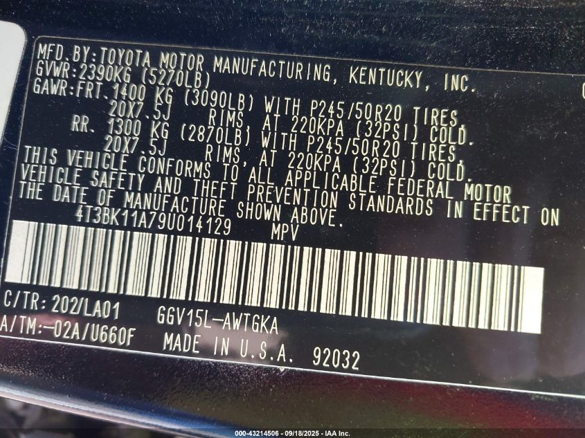 2009 Toyota Venza Base V6 VIN: 4T3BK11A79U014129 Lot: 43214506