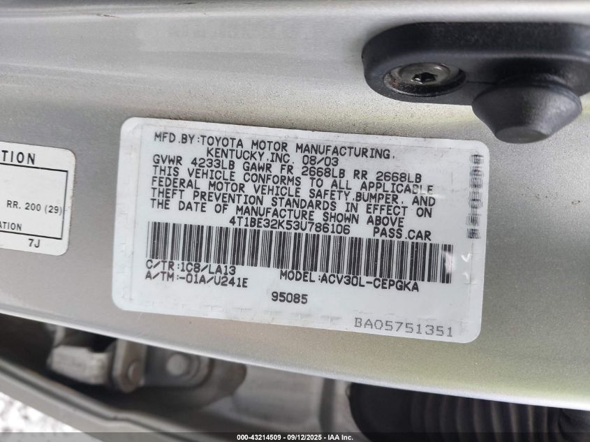 2003 Toyota Camry Xle VIN: 4T1BE32K53U786106 Lot: 43214509