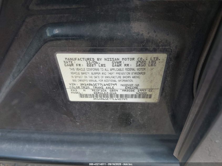 2007 Nissan Sentra 2.0S VIN: 3N1AB61E77L640749 Lot: 43214511