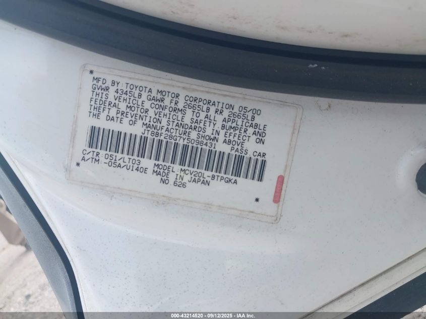 2000 Lexus Es 300 VIN: JT8BF28G7Y5098431 Lot: 43214520