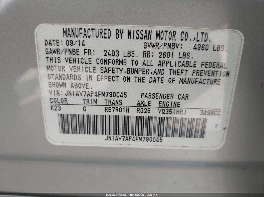 2015 Infiniti Q50 Hybrid Premium VIN: JN1AV7AP4FM790045 Lot: 43214524