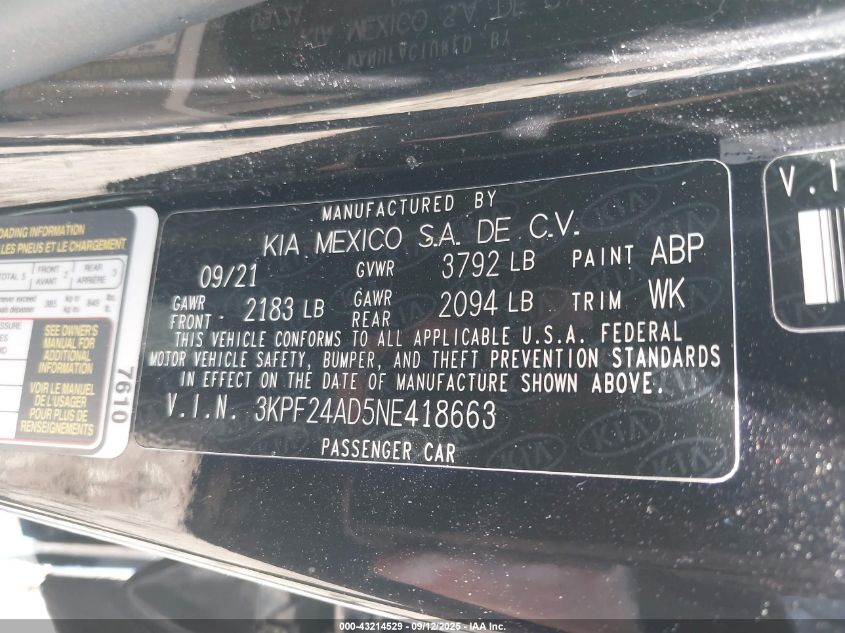 2022 Kia Forte Lxs VIN: 3KPF24AD5NE418663 Lot: 43214529