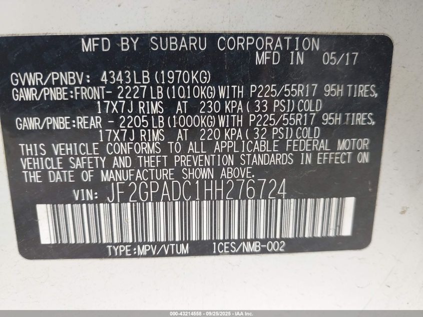 2017 Subaru Crosstrek 2.0I Premium VIN: JF2GPADC1HH276724 Lot: 43214558