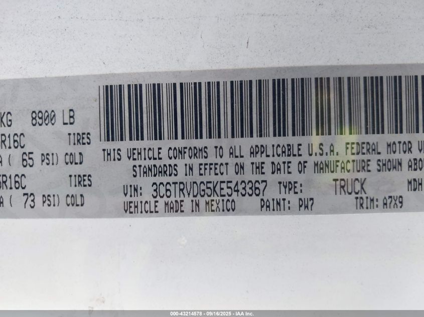 2019 Ram Promaster 2500 High Roof 159 Wb VIN: 3C6TRVDG5KE543367 Lot: 43214578