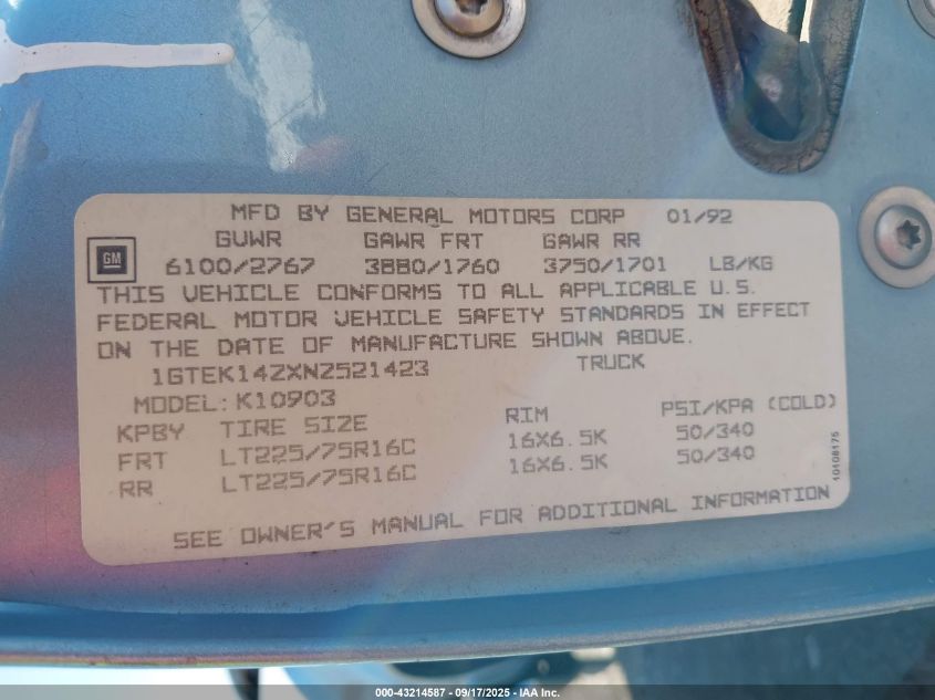 1992 GMC Sierra K1500 VIN: 1GTEK14ZXNZ521423 Lot: 43214587