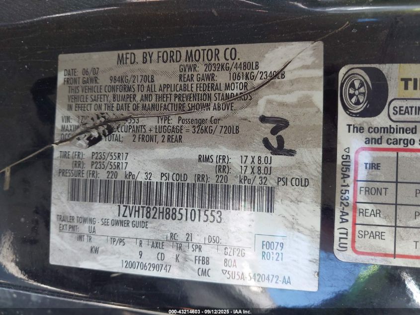 2008 Ford Mustang Gt Deluxe/Gt Premium VIN: 1ZVHT82H885101553 Lot: 43214603