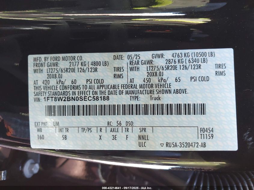 2025 Ford F-250 Lariat VIN: 1FT8W2BN0SEC58188 Lot: 43214641