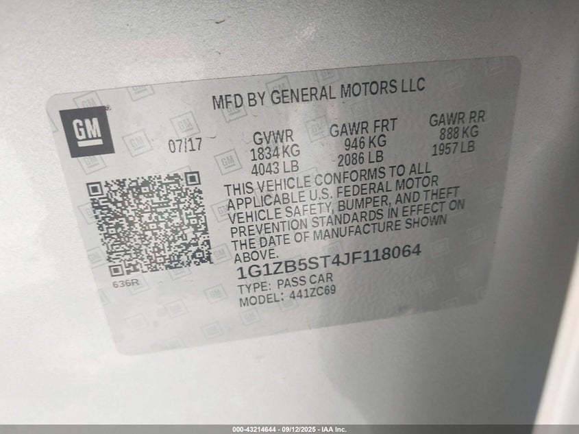 2018 Chevrolet Malibu 1Ls VIN: 1G1ZB5ST4JF118064 Lot: 43214644