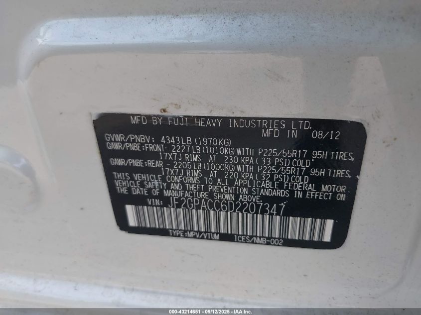 2013 Subaru Xv Crosstrek 2.0I Premium VIN: JF2GPACC6D2207347 Lot: 43214651