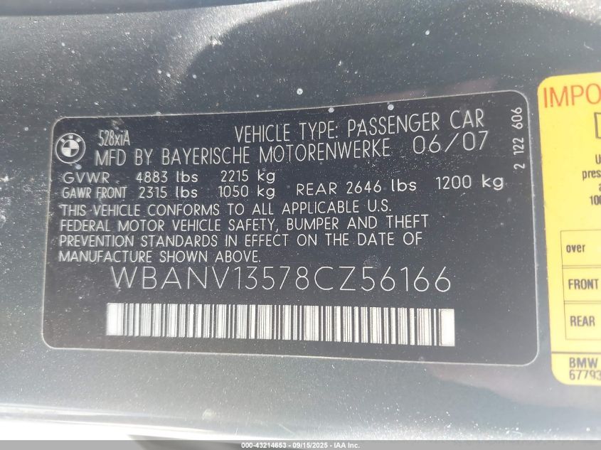 2008 BMW 528Xi VIN: WBANV13578CZ56166 Lot: 43214653