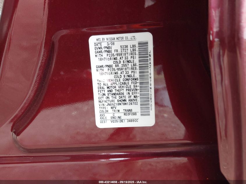 2009 Nissan Murano S VIN: JN8AZ18W79W129702 Lot: 43214656
